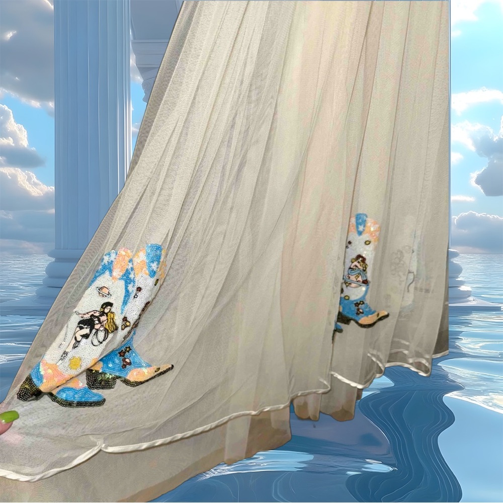 NWT $138.⭐️ROCKABILLY⭐️BOHO VIBE⭐️Tulle Skirt✨SEQUIN✨COWGIRL BOOTS All Around S